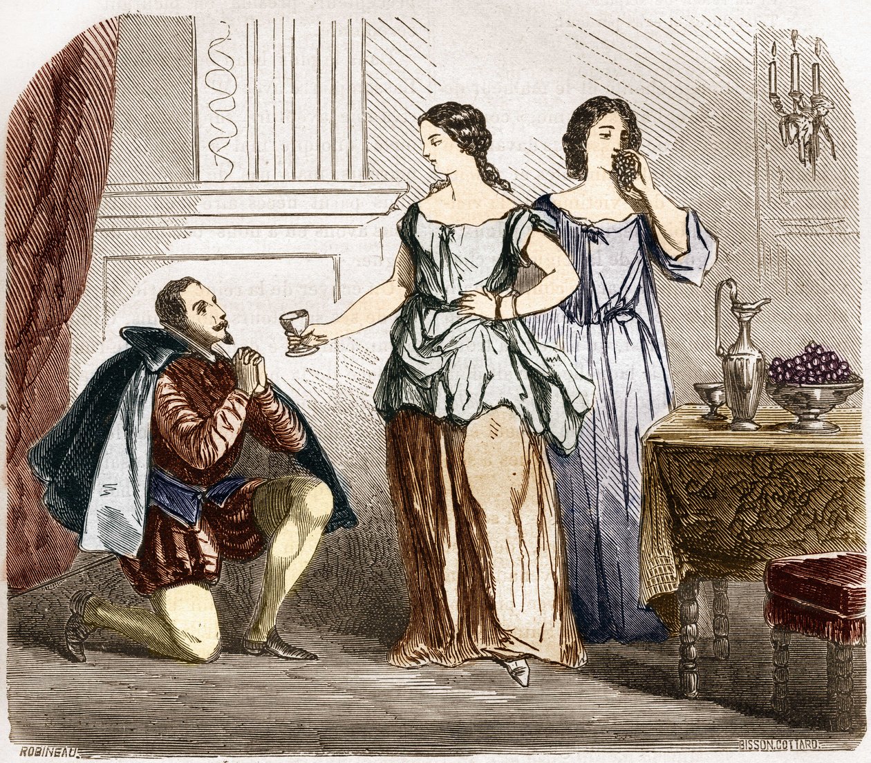 Henri IV (1553-1610), roi de France servi par des femmes à moitié nues. Gravure dans « L