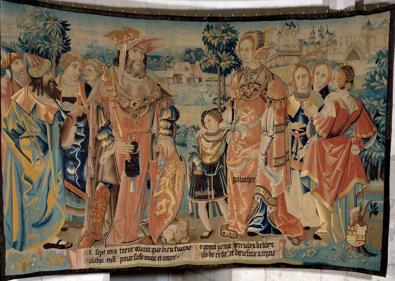 Hercule de Libye avec sa femme Galatée et son fils Galathes entourés de leurs courtisans devant la ville d