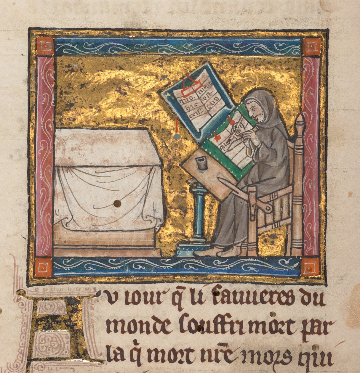 Ermite écrivant à un bureau, miniature de «Estoire del Saint Graal, La Queste del Saint Graal, Morte Artu», c.1315-25 - French School