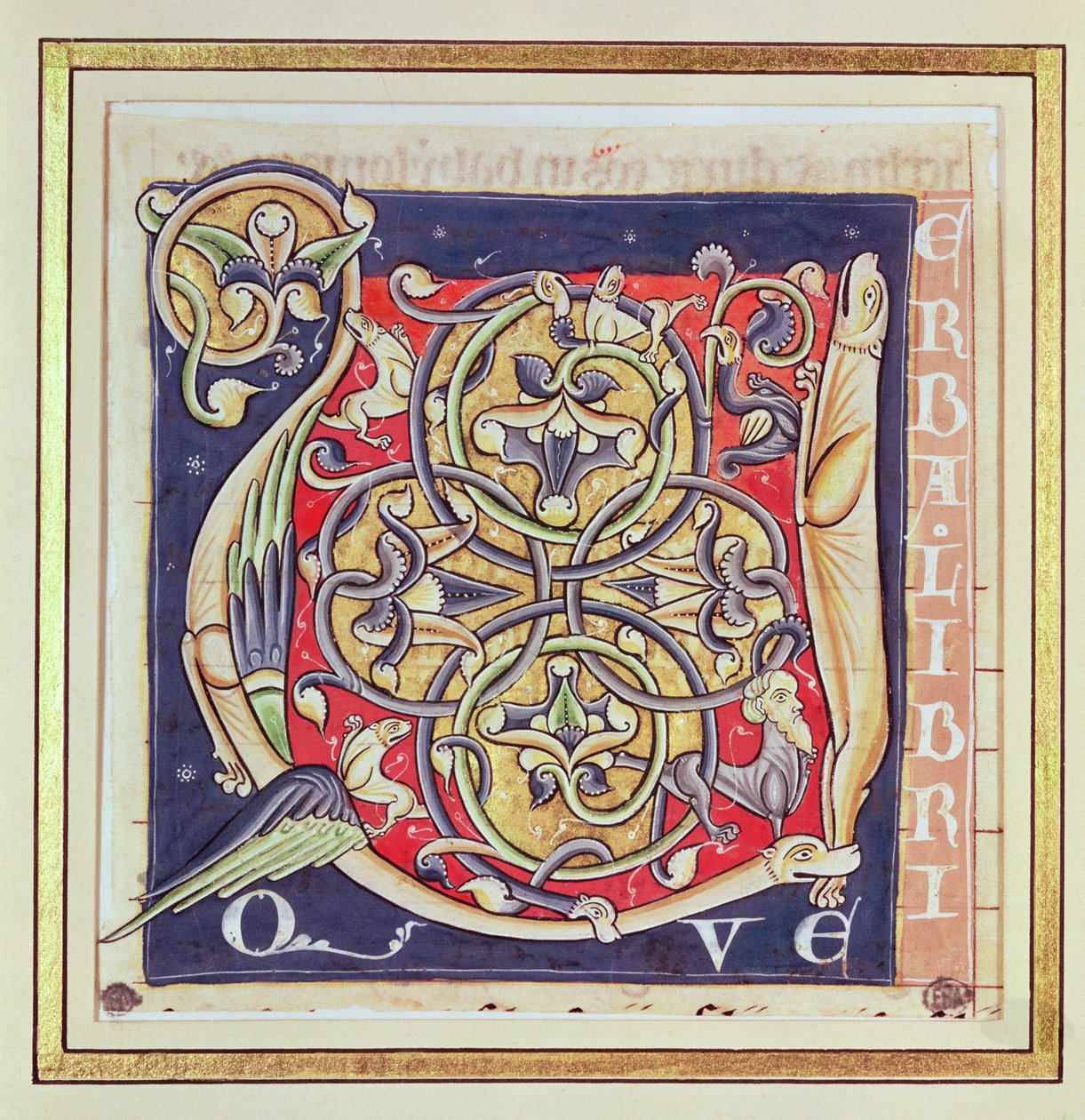 Initiale historiée U représentant un motif entrelacé et des animaux fantastiques, de la Bible de Saint-André-aux-Bois - French School
