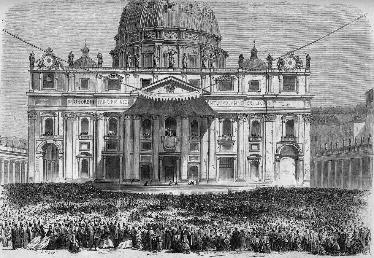 Semaine Sainte à Rome : vue de la place Saint-Pierre à Rome (Piazza San Pietro) pendant la bénédiction "urbi et orbi" le Jeudi Saint et le dimanche de Pâques. Gravure dans "Le Monde Illustré" n°526 du 11 mai 1867 - French School
