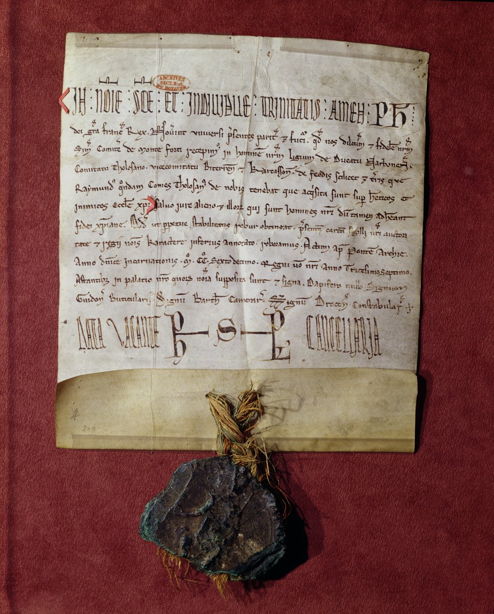 Hommage au roi Philippe II (1165-1223) de Simon de Montfort (c.1160-1218) pour les territoires confisqués à Raymond VI (1197-1249) vers 1216 - French School
