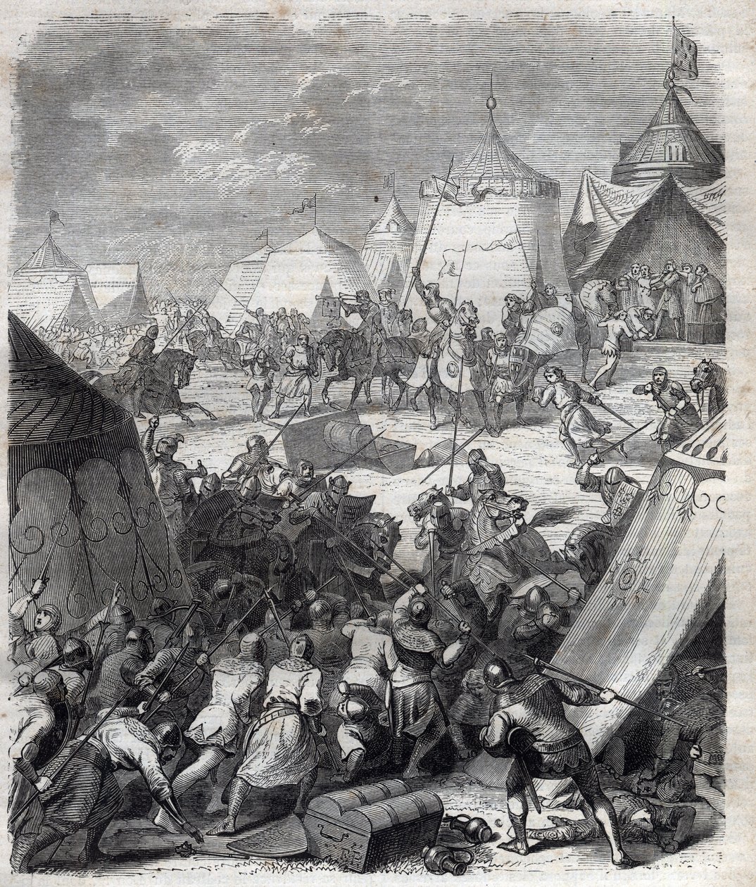 Guerre de Cent Ans : Bataille de Poitiers (1356). Gravure dans "Histoire des Papes (...) Crimes des Reines, Rois et Empereurs à travers les siècles" par Maurice Lachatre - French School