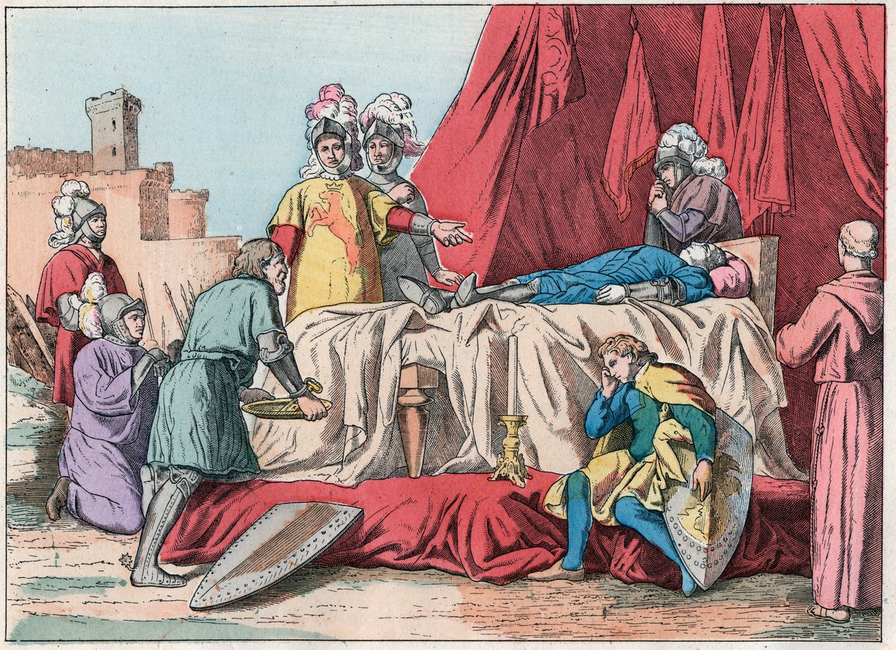 Guerre de Cent Ans : «La mort de Bernard du Guesclin (1320-1380) devant Châteauneuf de Randon le 13/07/1380» - Mort de Duguesclin (pendant le siège de Châteauneuf-de-Randon le 13 juillet 1380) - Gravure de la fin du 19e siècle dans «Nos Gires Nationales -  - French School