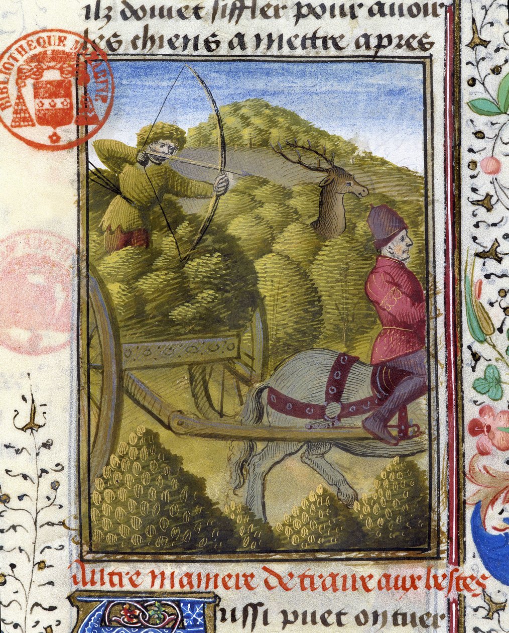 Chasse au cerf avec un arc et un attelage - dans "Livre de chasse de Gaston Phoebus, Comte de Foix, Seigneur de Béarn" - French School