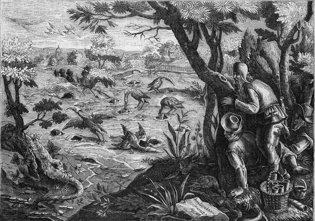 Technique de chasse : la chasse à la grue en Belgique, au 16ème siècle - Gravure par E. Garnier d