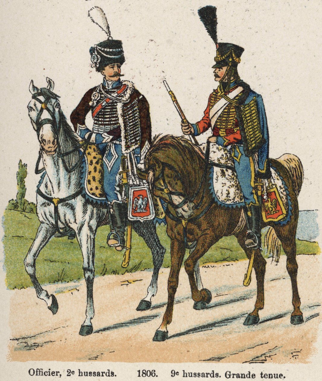Hussards 1er vendémiaire An XII (24 septembre 1803) : Officier, 2e hussards et 9e hussards en grande tenue en 1806. Planche du livre Les Uniformes de l