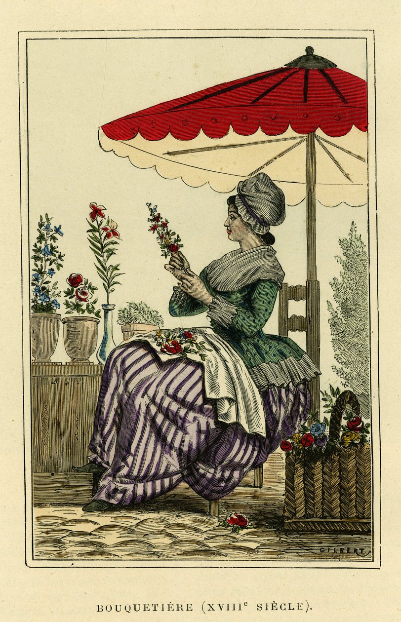 Costume de bouquetin du XVIIIe siècle. Gravure en couleur, dans « France et les Français à travers les siècles » par Augustin Challamel, éditeur F.Roy, Paris 1882. Collection Selva. - French School