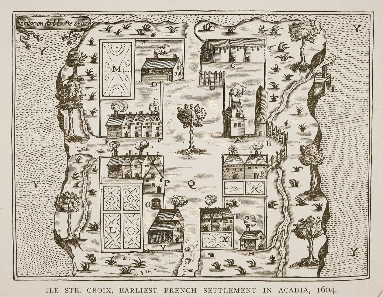 Île Ste. Croix, le premier établissement français en Acadie, 1604, des Voyages de Samuel de Champlain (c.1580-1635), 1613 - French School