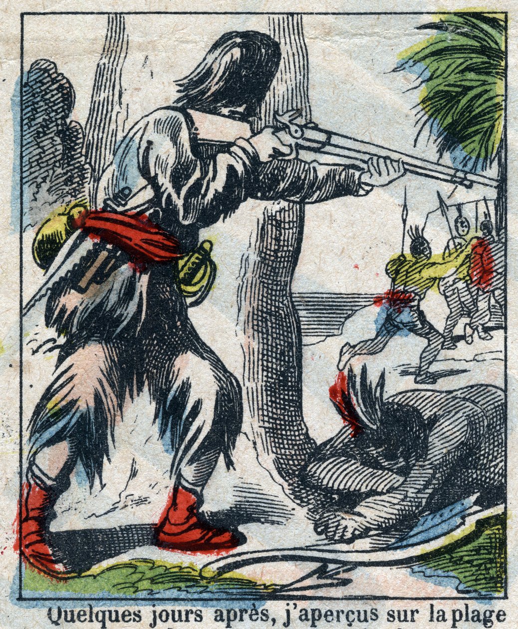 Illustration pour le livre de Daniel Defoe "Robinson Crusoé". Imagerie d