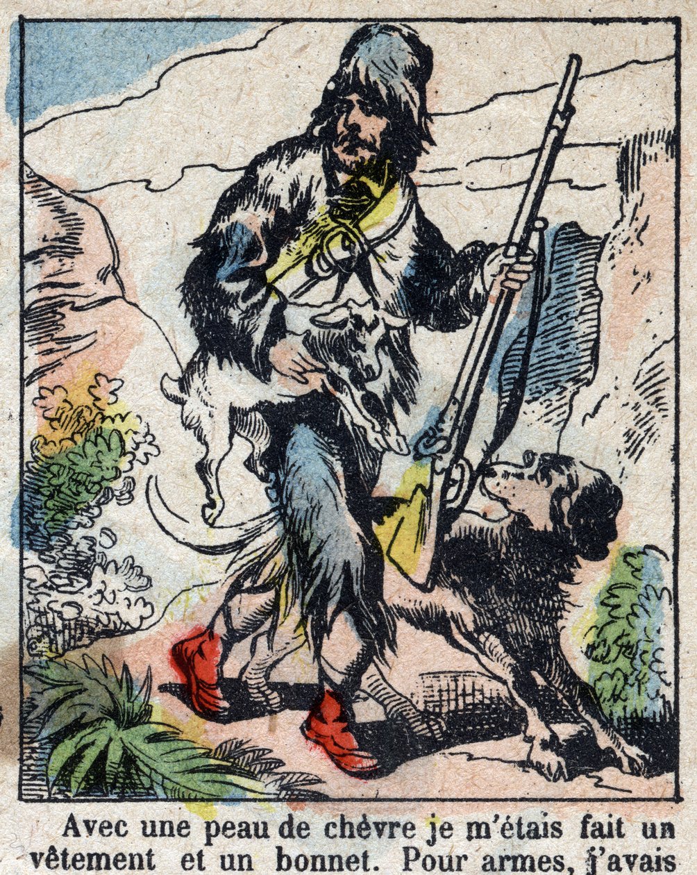 Illustration pour le livre de Daniel Defoe « Robinson Crusoé ». Imagerie d