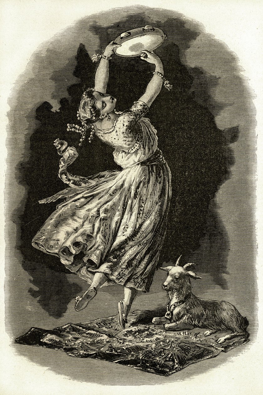 Illustration pour "Notre-Dame de Paris" de Victor Hugo: Esmeralda danse en jouant du tambourin à côté de sa chèvre, début du XXe siècle (lithographie) - French School