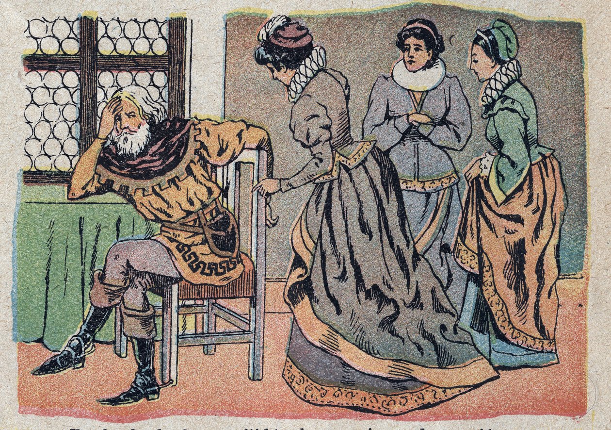 Illustration pour le conte « La Belle et la Bête » : le marchand perdu dans la douleur. Gravure de l