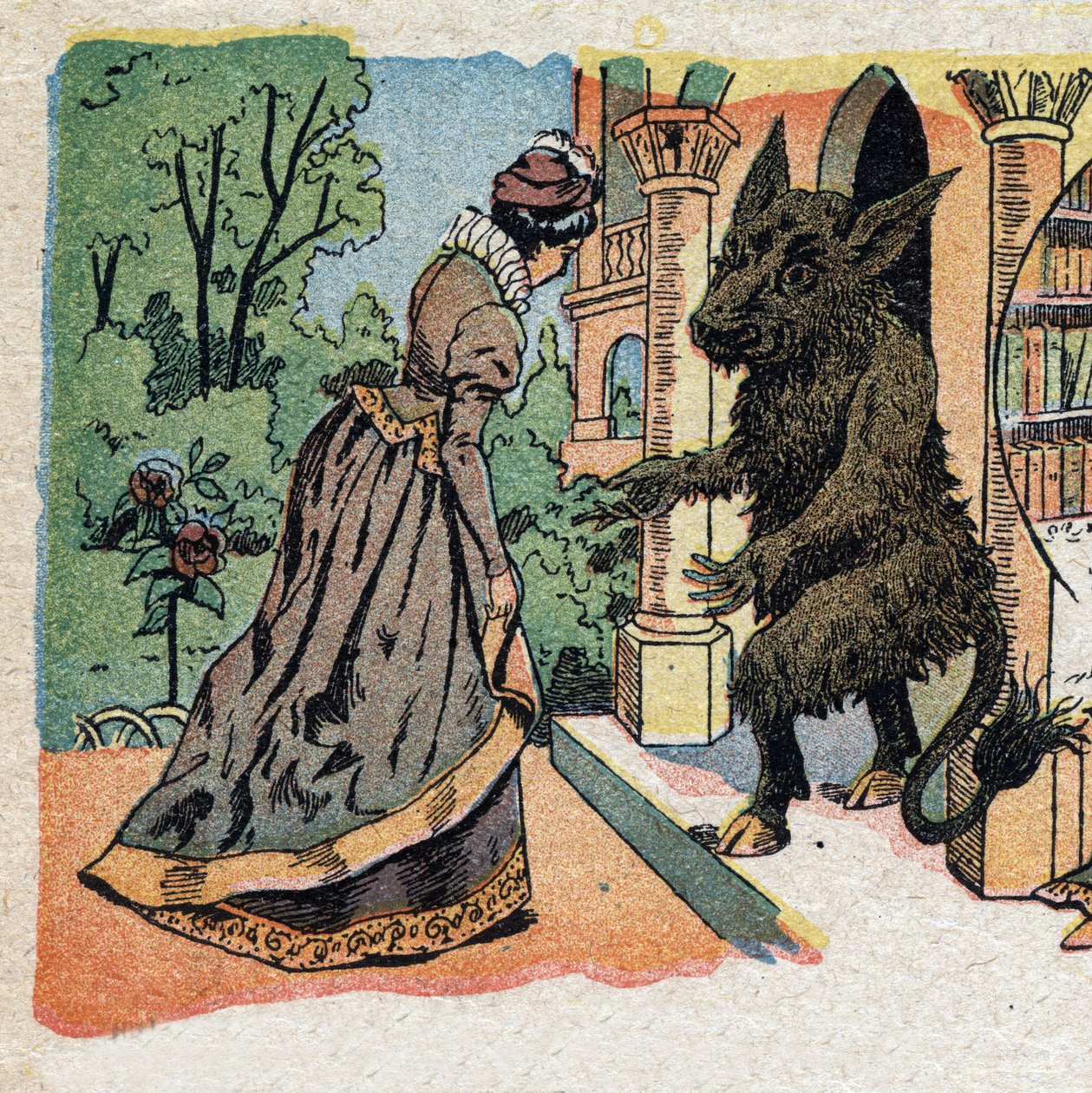 Illustration pour le conte "La Belle et la Bête" : la belle arrive au château de la Bête. Gravure de l