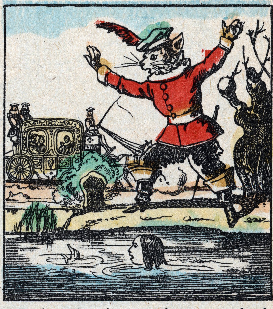 Illustration du conte de Charles Perrault "Le Chat Botté". Gravure sur bois de l