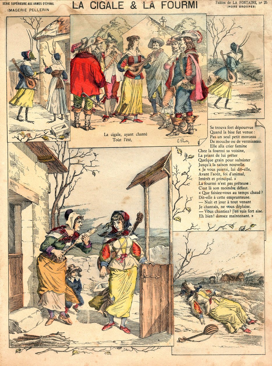 Illustration des Fables de La Fontaine La Cigale et la Fourmi, gravure, vers 1890 - French School