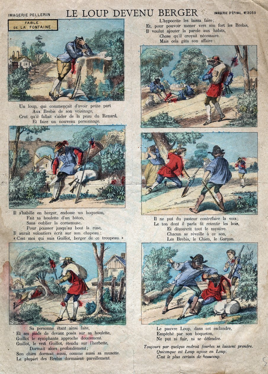 Illustration de la fable de Jean de La Fontaine (1621-1695) : le loup devenu berger. Imagerie d