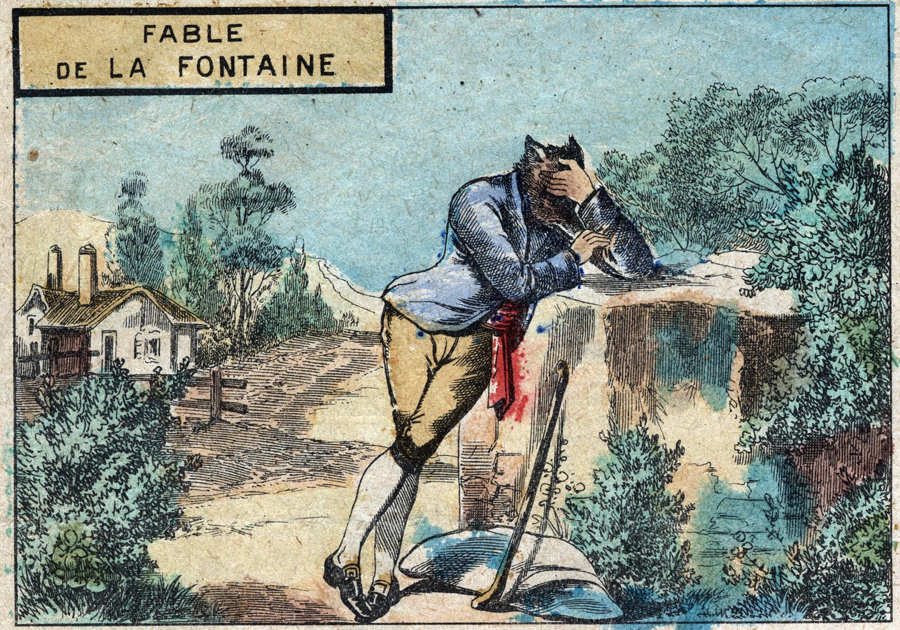 Illustration de la fable de Jean de La Fontaine (1621-1695) : le loup devenu berger. Imagerie d