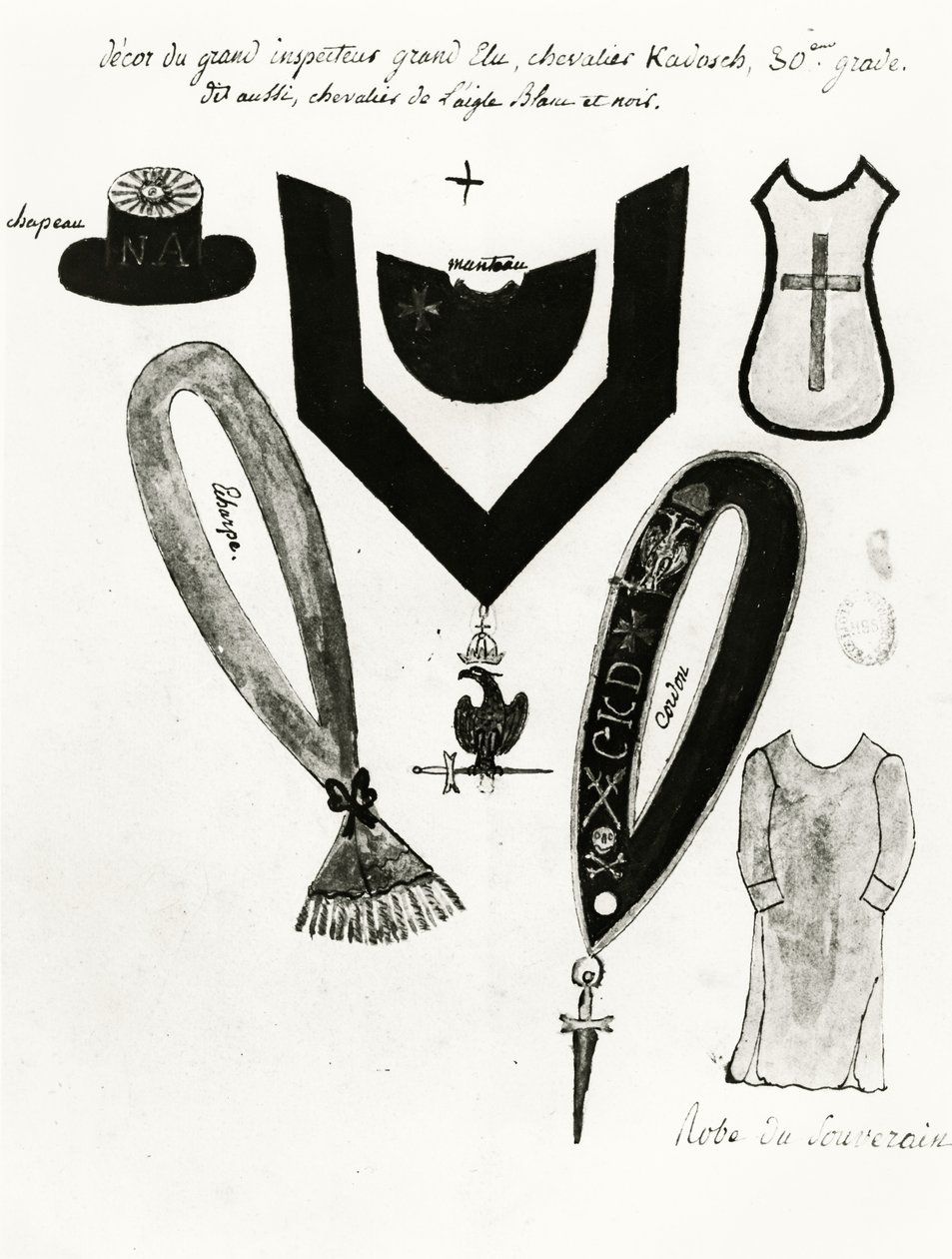 Illustrations des insignes et de la tenue maçonniques du Chevalier Kadosh, 30e degré, dans le Rite écossais de la franc-maçonnerie, 1813 - French School