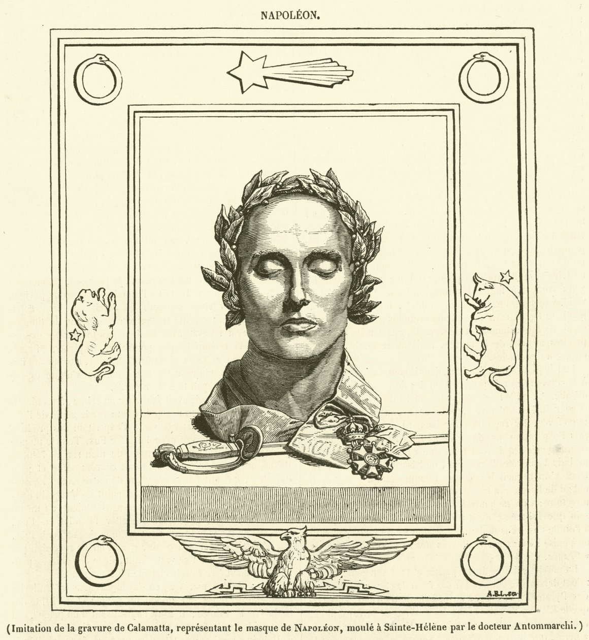 Imitation de la gravure de Calamatta, representant le masque de Napoleon, moule a Sainte-Helene par le docteur Antommarchi (engraving) - French School