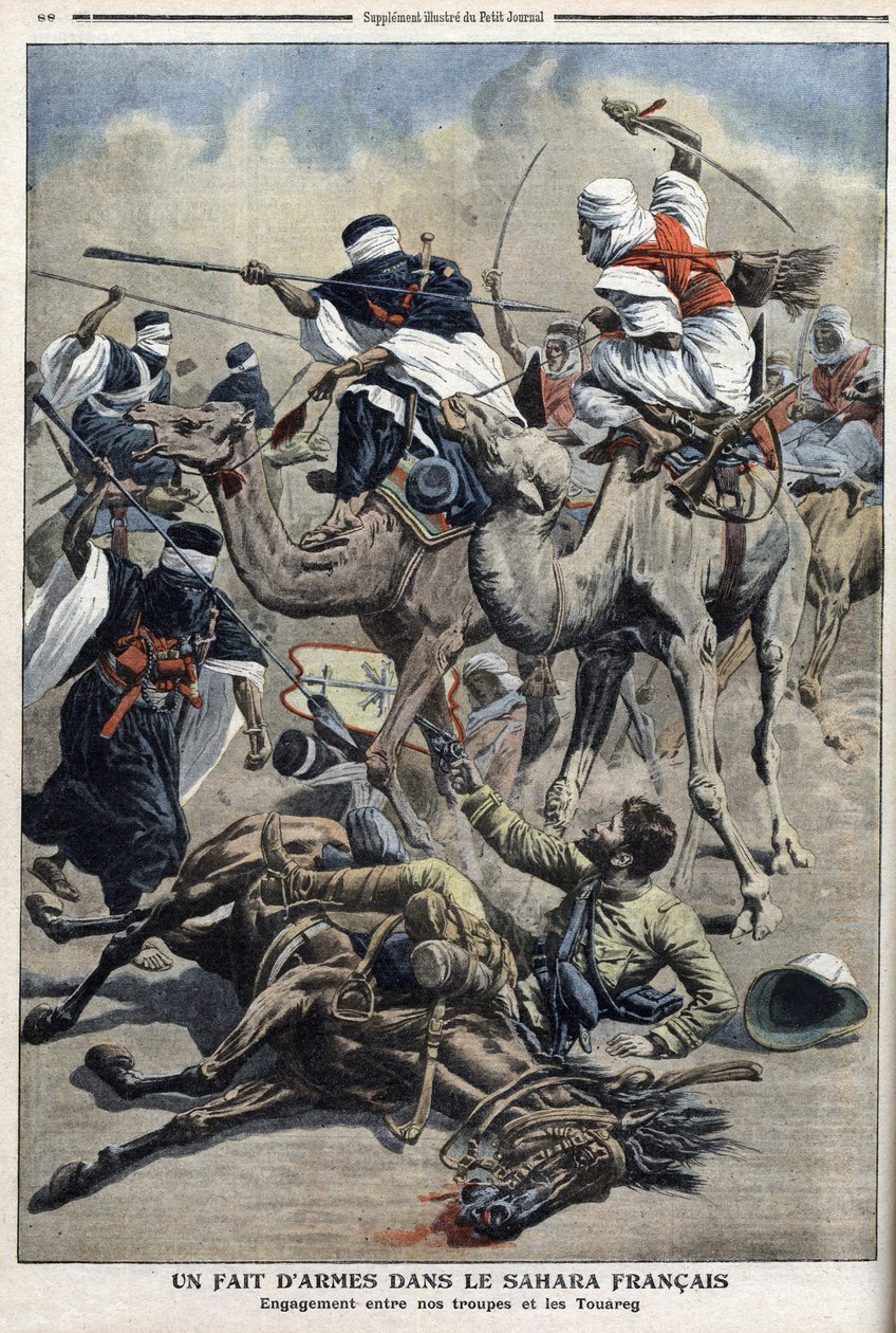 Dans le Sahara anglais : combat entre les troupes françaises et les Touaregs, illustration du journal « Le Petit Journal » du 17 mars - French School