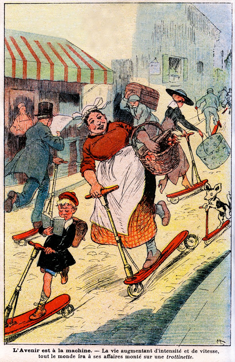 Dans le futur, la vie augmentant en intensité et en vitesse, tout le monde ira à ses affaires en scooter. 1919 (gravure) - French School