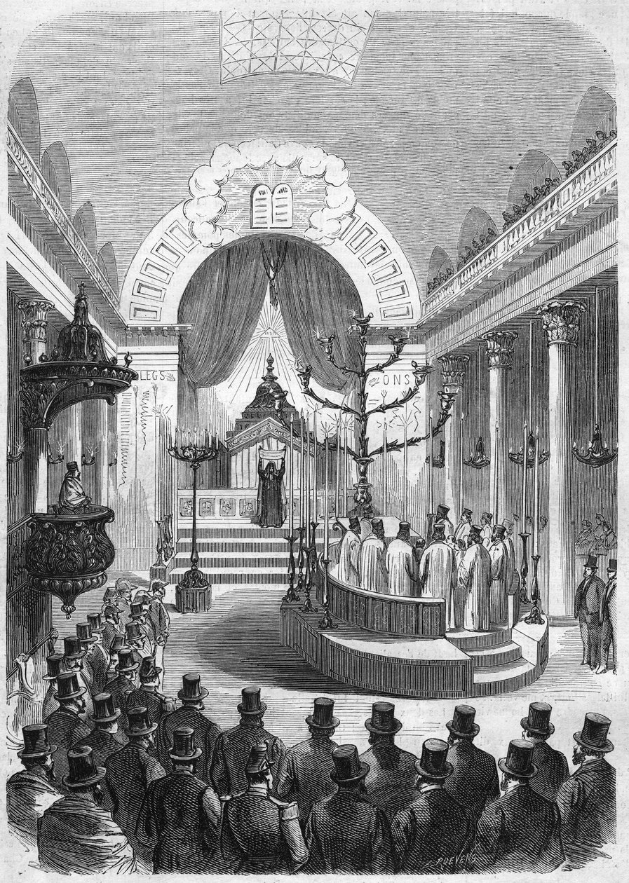 Installation du grand rabbin de la circonscription de Bordeaux, dans la synagogue de la ville en 1864. Gravure d