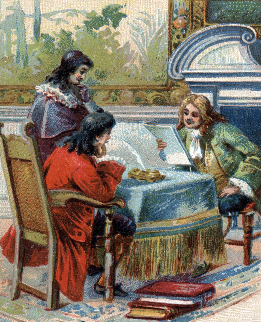 Entretien de Gottfried Wilhelm Leibniz (1646-1716), philosophe allemand avec Jacques-Bénigne Bossuet (1627-1704), théologien et écrivain français. chromolithographie. - French School