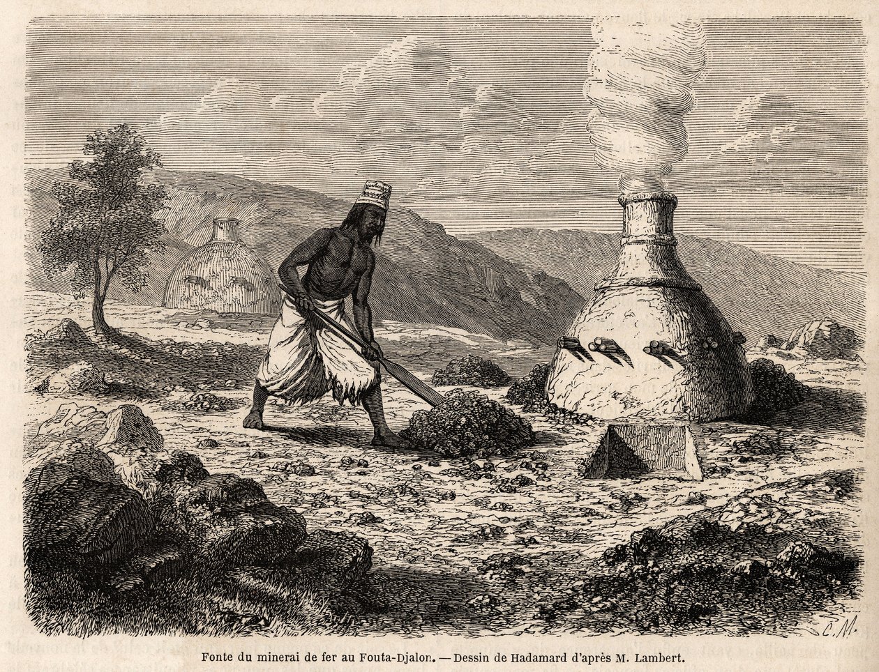 Fonte du minerai de fer au Fouta Djalon, Sénégal, dessin de Hadamard, pour illustrer le voyage du lieutenant Lambert au Fouta Djalon en 1860. Gravure dans "Le tour du monde" 1861. Collection Selva. - French School