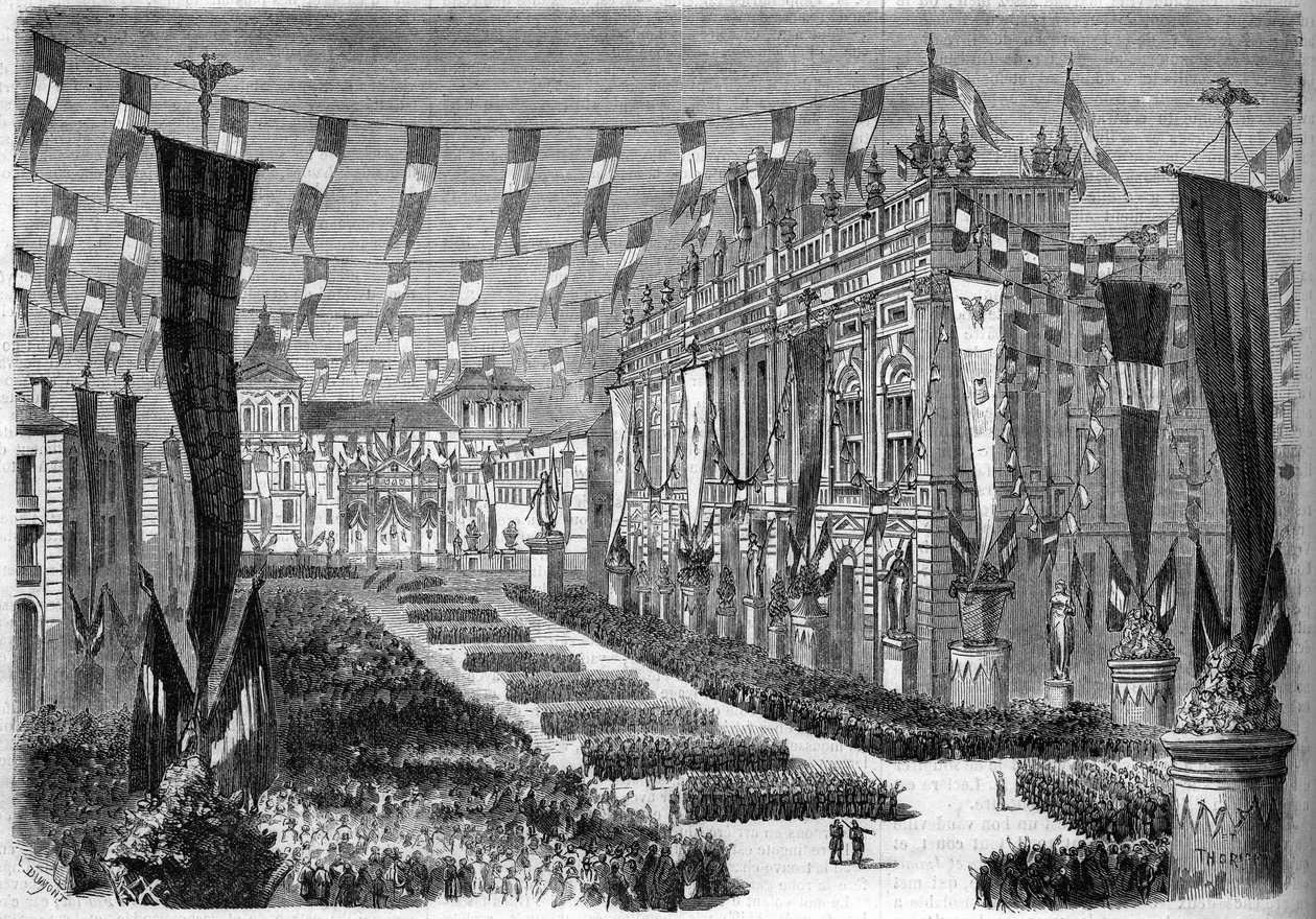 Unification italienne, Turin, 2 avril 1860 : décoration de la place du château (Piazza Castello) à l
