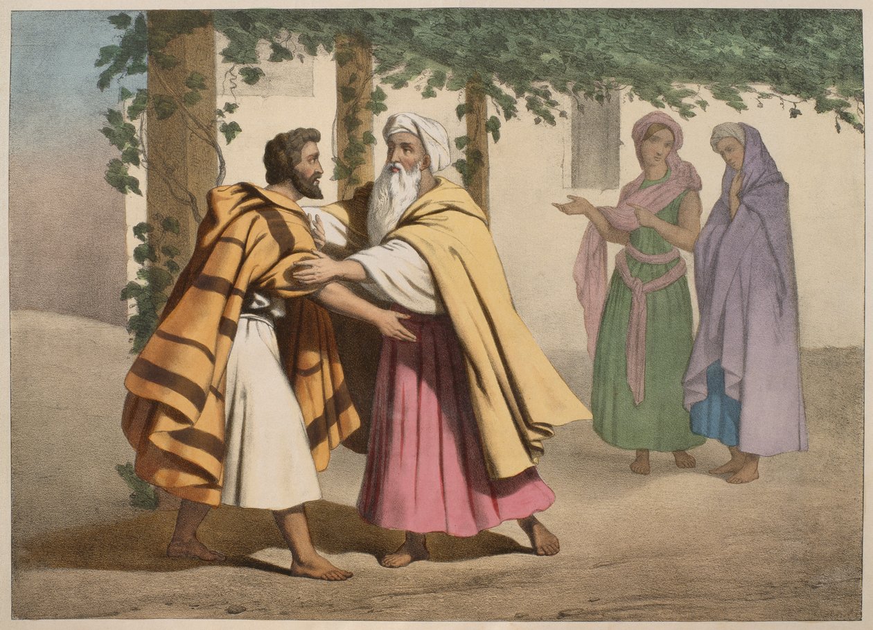 Jacob avec Laban et ses filles, illustration du catéchisme L
