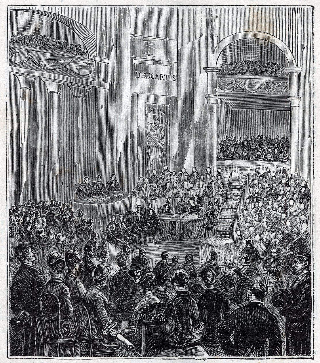 Jacques Babinet (1794 - 1872), physicien et astronome français à la séance solennelle des cinq Académies en 1840 - Gravure dans Sciences à la portée de tous - physique et chimie par Alexis Clerc - Fin du 19e siècle. Collection privée. - French School
