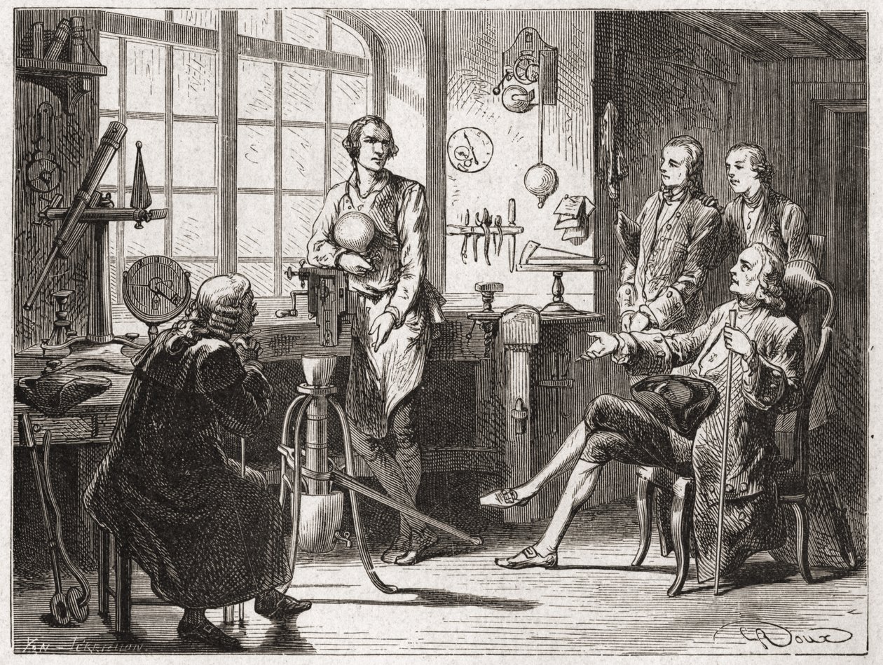 James Watt (inventeur de la machine à vapeur en 1769) dans son atelier de Glasgow - dans « Album de la Science; savants illustres; Grandes découvertes » 1896. - French School