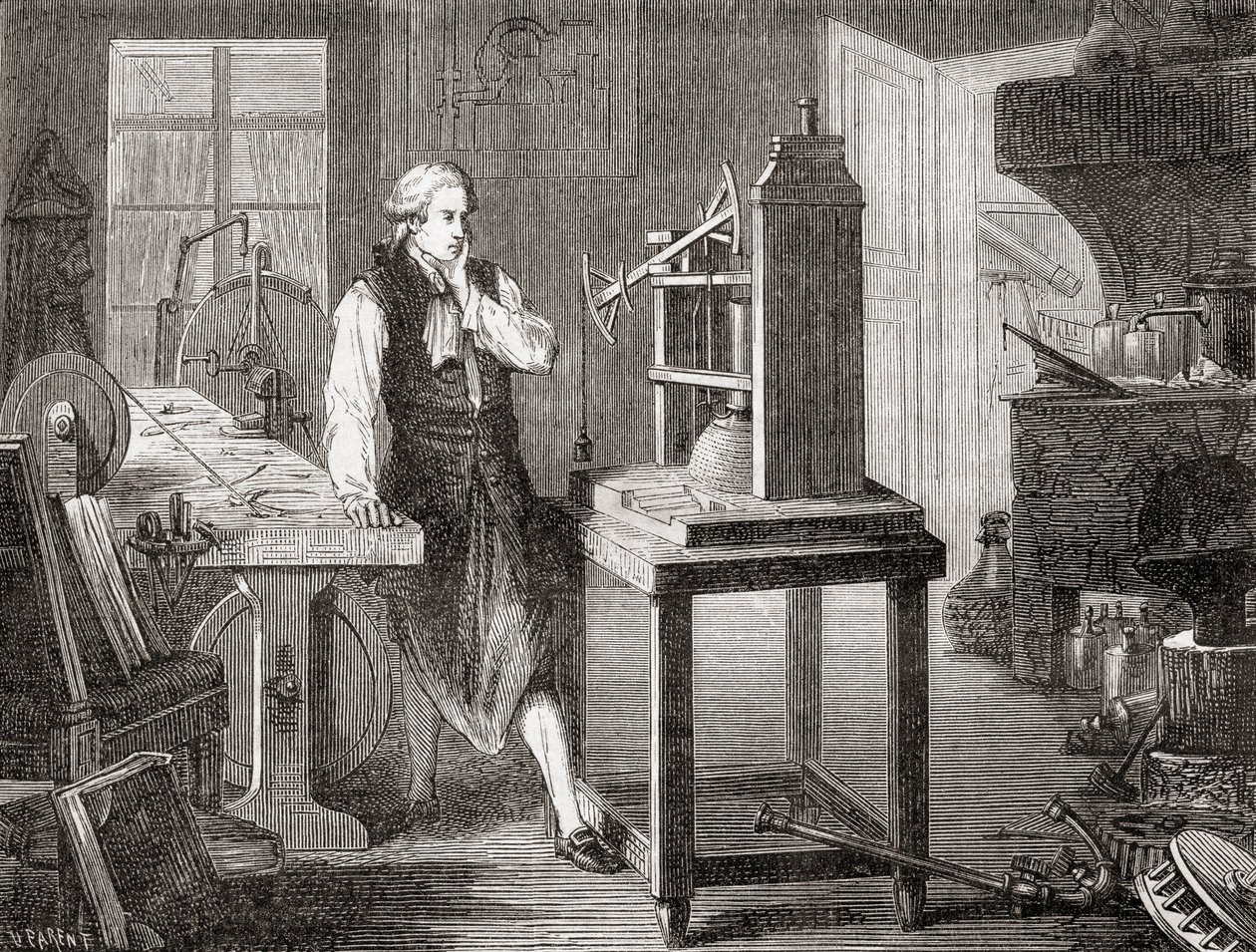 James Watt dans son atelier de Glasgow améliorant la machine à vapeur de Thomas Newcomen de 1712 avec sa machine à vapeur Watt en 1781, de Les Merveilles de la Science, pub.1870. - French School