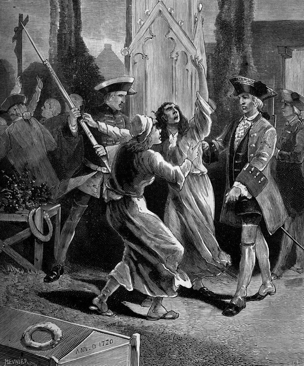 Jansénisme : les convulsionnaires (fanatiques jansénistes) chassés du cimetière Saint-Médard sous Louis XV - French School