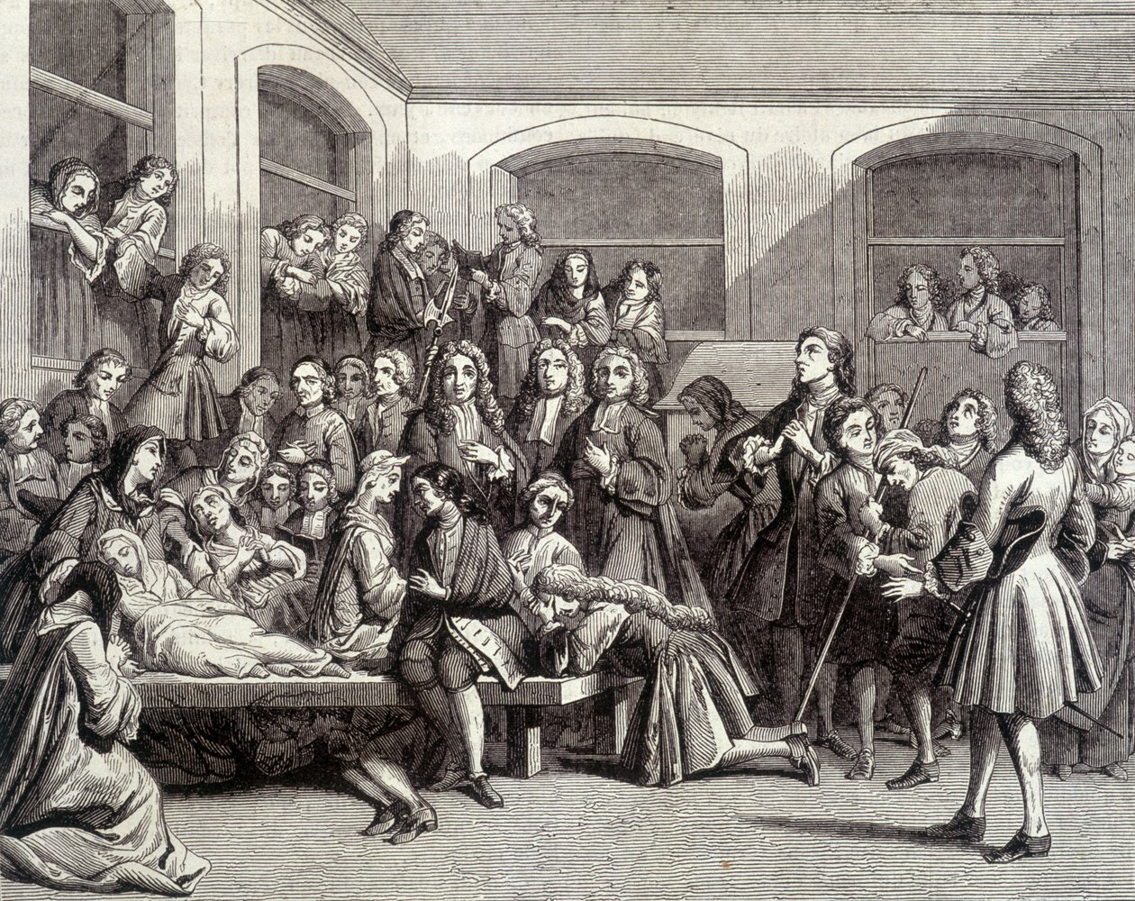 Jansénisme : les convulsionnaires du cimetière Saint-Médard sur la tombe du diacre Paris (1690-1727) où des « miracles » se sont produits. Gravure du 18ème siècle - French School