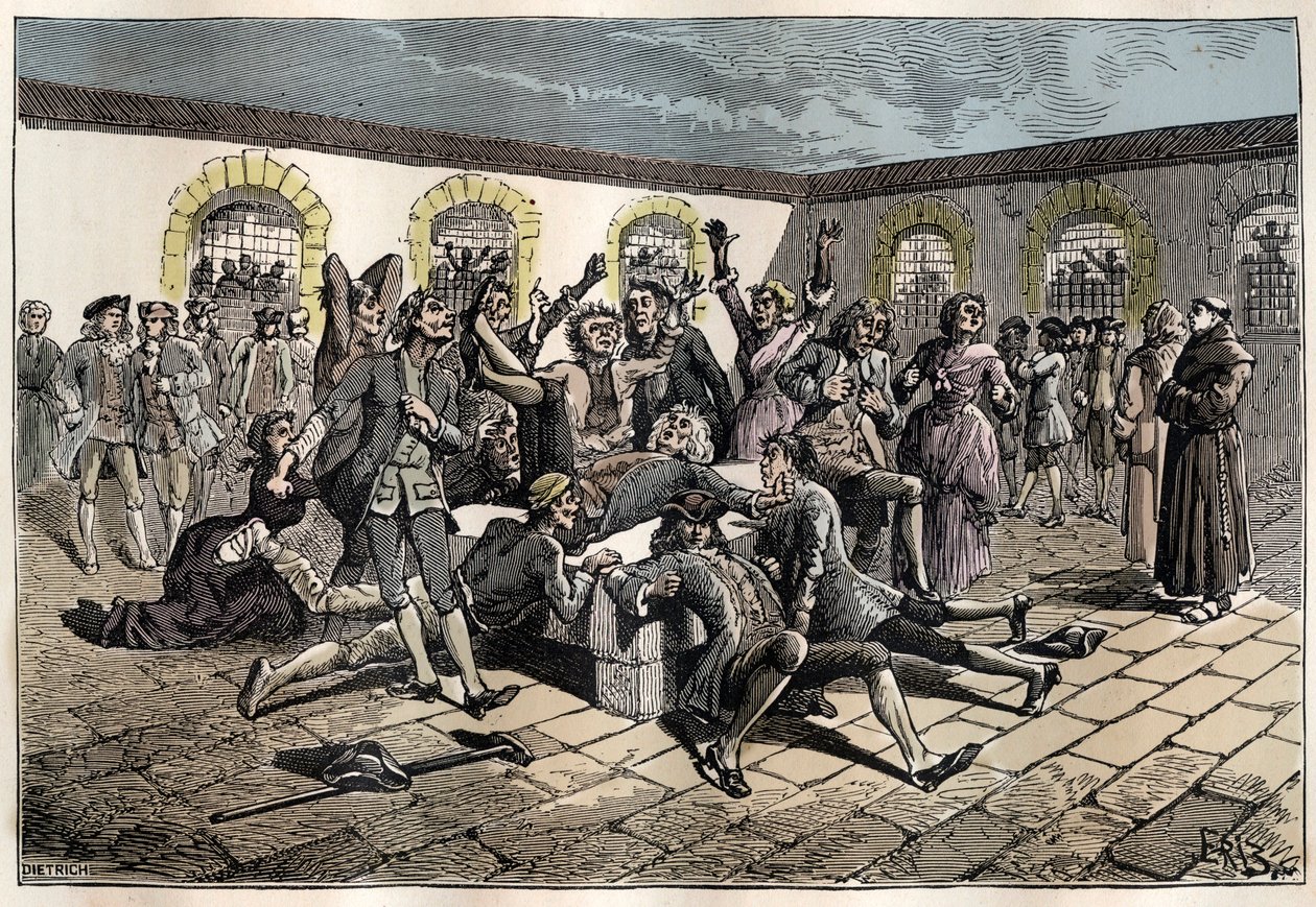 Convulsionnaire janséniste (ou Saint Médard) (Œuvres de convulsions) au XVIIIe siècle : "les malades et les infirmes se rendent au cimetière de Saint-Médard (où se trouve la tombe du diacre François Paris) pour être miraculeusement guéris" (Pratiques convu - French School