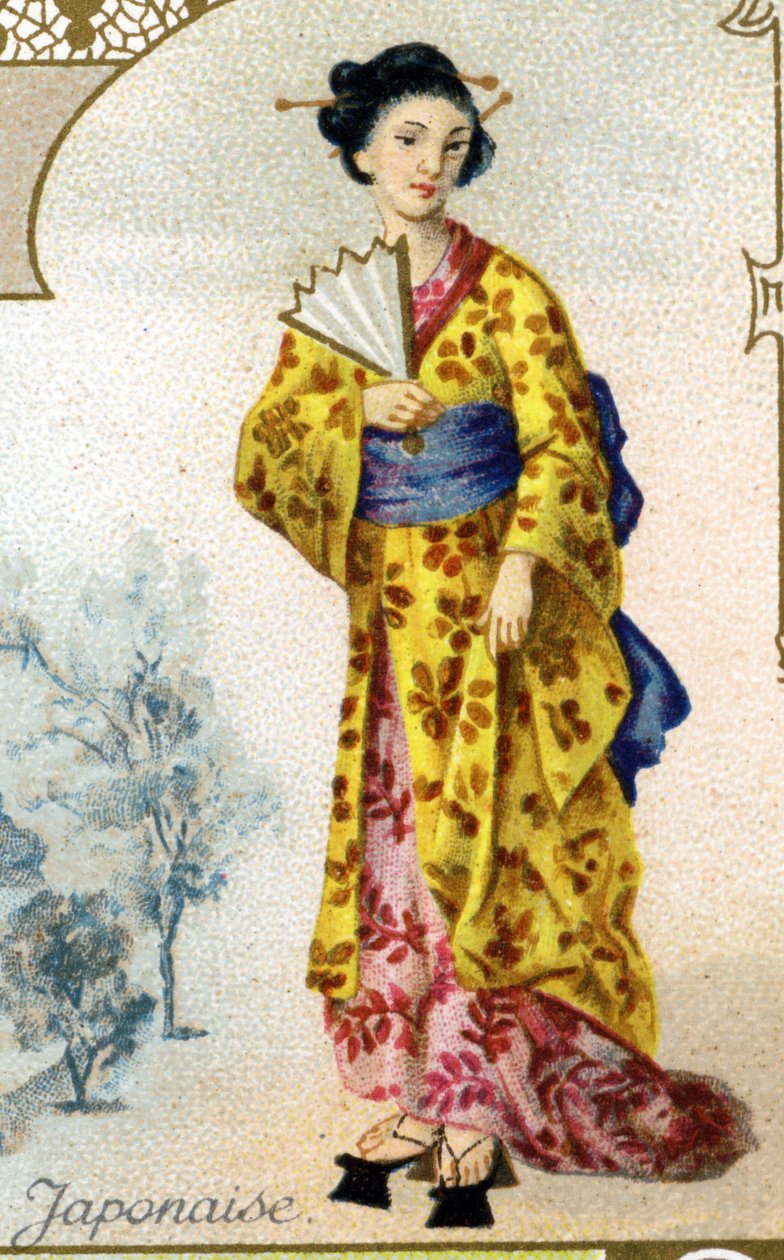 Femme japonaise. Édition la lithographie parisienne, fin du 19e siècle. Série de 25 chromos publicitaires pour la manufacture de Biscuits Pernot de Dijon, créée en 1869. Détail des personnages en costume traditionnel - French School