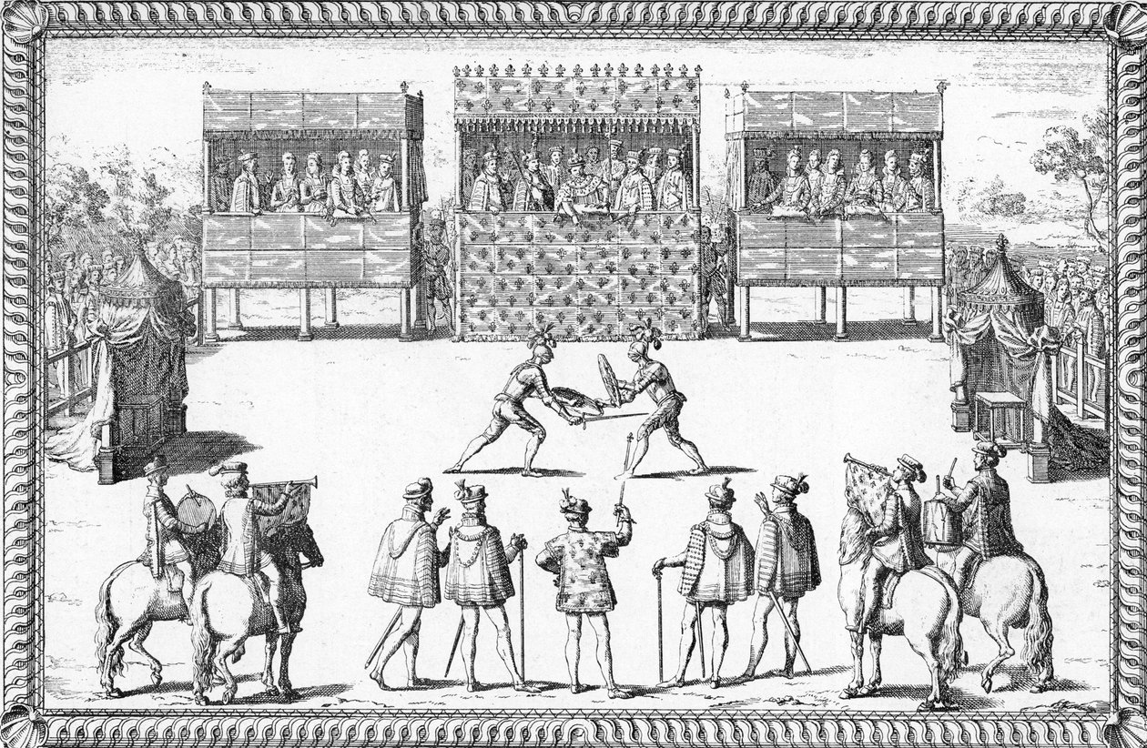 Le coup de Jarnac : Duel de Guy Chabot de Jarnac et François de Vivonne de la Châtaigneraie devant la cour à Saint-Germain-en-Laye - French School