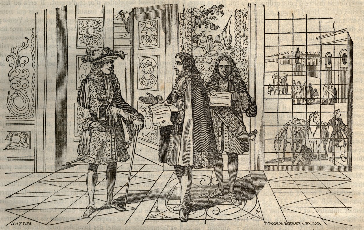 Jean Baptiste Colbert (Jean-Baptiste) (1619-1683) en réunion avec le roi Louis XIV et François Louvois (1641-1691) à Versailles - gravure d