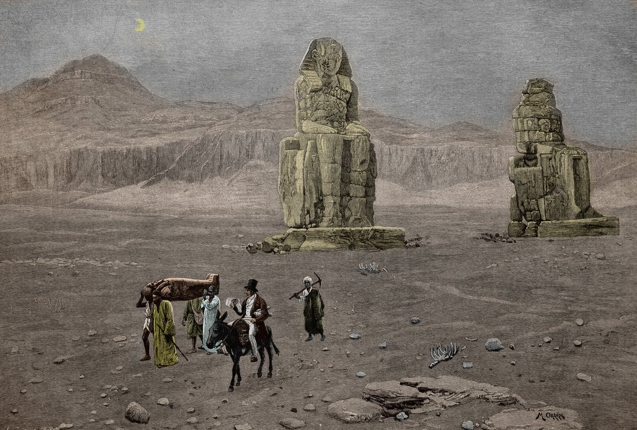 Jean François Champollion aux Colosses de Memnon, Egypte (gravure) - French School