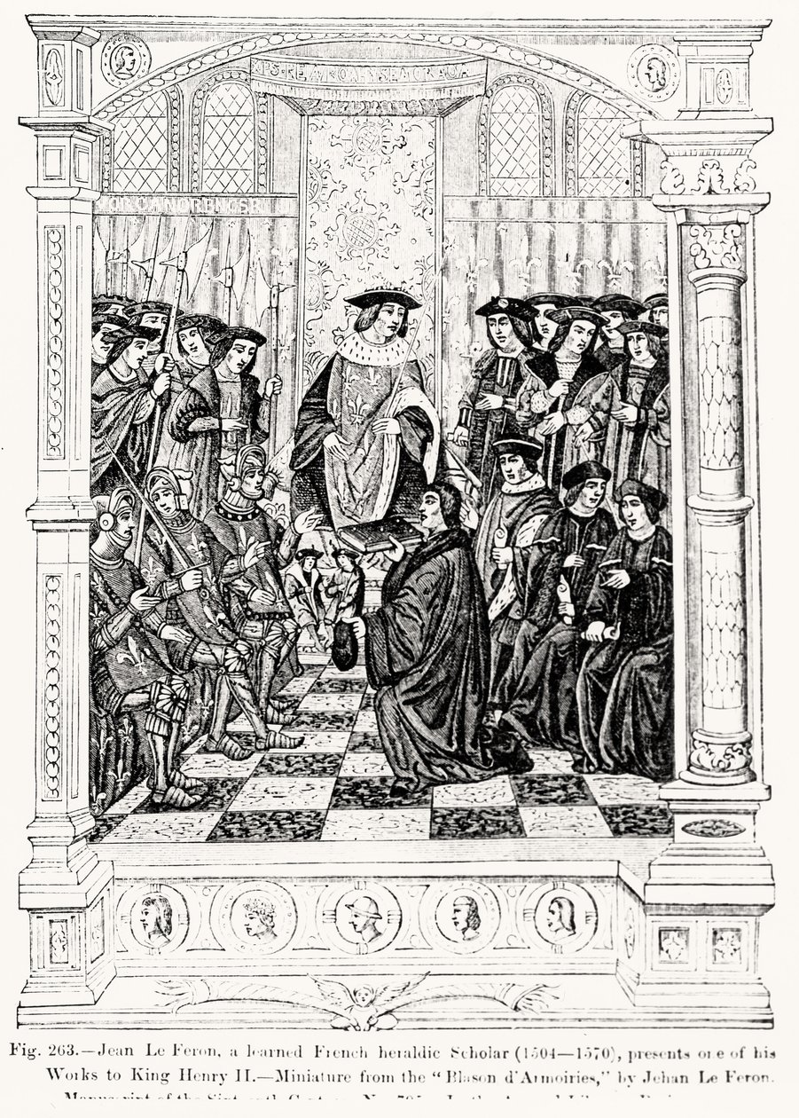 Jean le Feron (1504-70) présente une de ses œuvres au roi Henri II (1519-89) du Blason d
