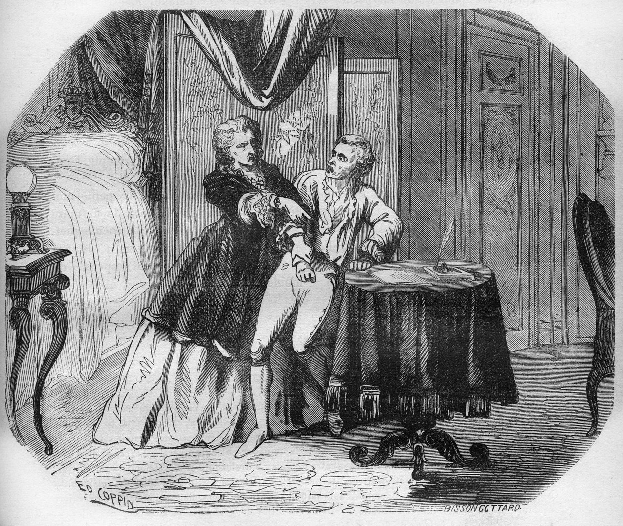 Jeanne Agnès Berthelot de Pléneuf, marquise de Prie (1698-1727) oblige son amant Louis Henri, duc de Bourbon et prince de Condé, à nommer tous ses admirateurs chevaliers du Saint-Esprit (Ordre du Saint-Esprit). Gravure dans « L