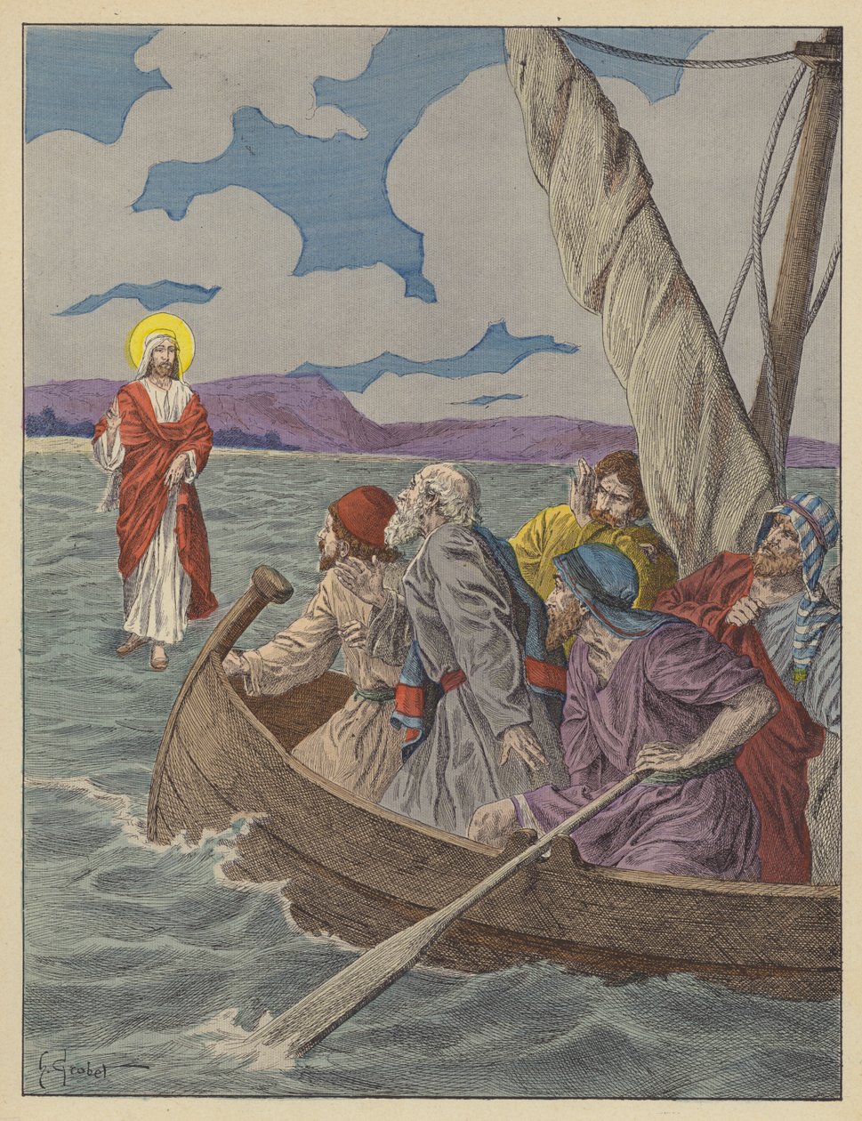 Jésus-Christ marchant sur les eaux (lithographie couleur) - French School