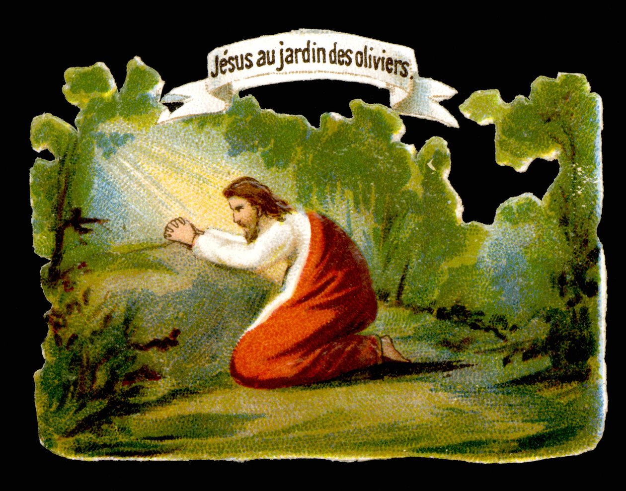 Jésus reçoit la lumière divine dans le Jardin des Oliviers - Chromo., fin 19ème siècle - French School