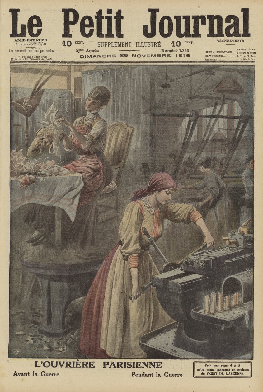 Travaux effectués par les ouvrières parisiennes avant et pendant la Première Guerre mondiale (lithographie couleur) - French School