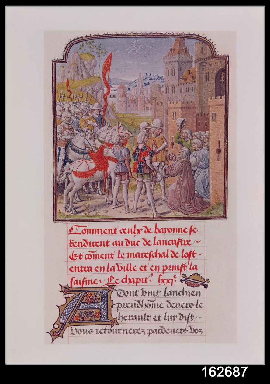 Jean de Gand reçu par les citoyens de Bayonne aux portes de la ville, extrait de la Chronique de Froissart, fin du XVe siècle - French School
