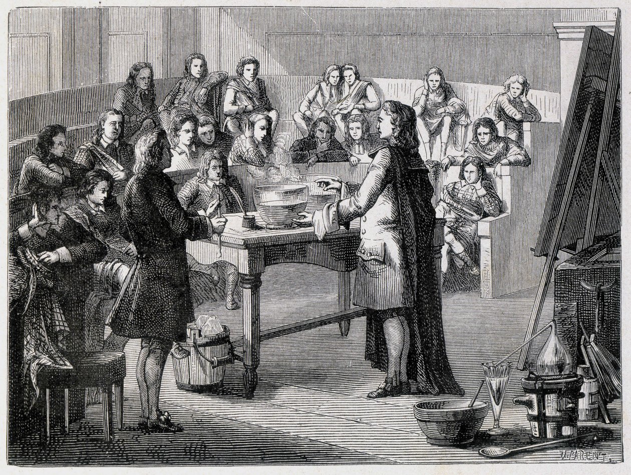 Joseph Black (1728 - 1799), chimiste et physicien britannique, expérimente le calorique latent devant les étudiants de l