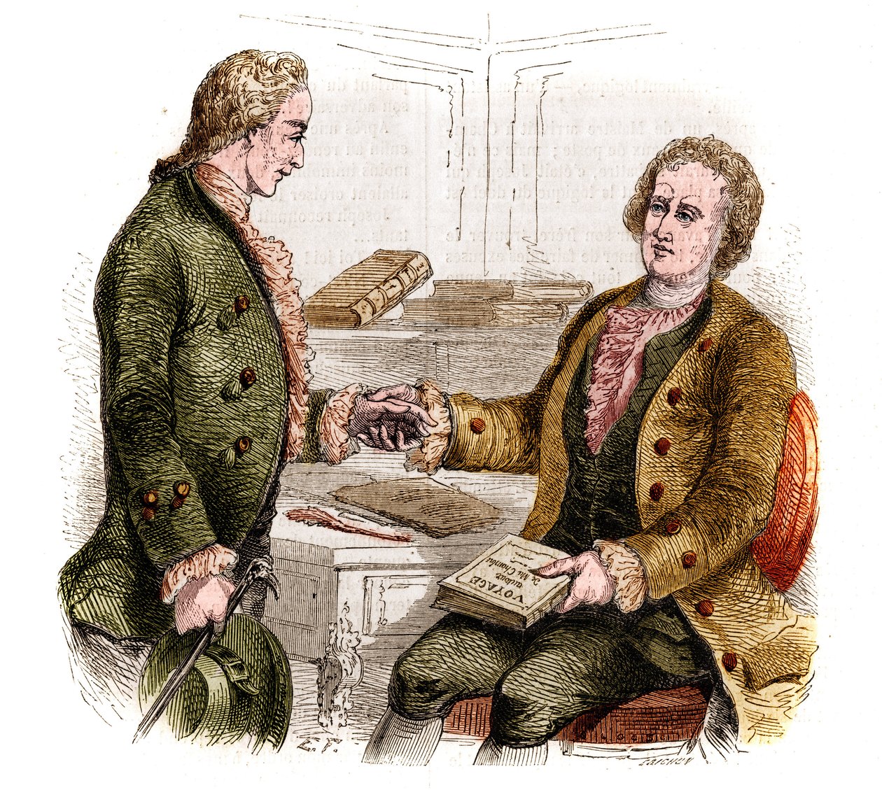 Joseph de Maistre (1753-1821), homme politique, écrivain et philosophe français, et le comte Xavier de Maistre (1763-1852), officier et écrivain français avec le premier exemplaire de "Voyage autour de ma chambre". Dessin de forêt. Gravure de 1852. - French School