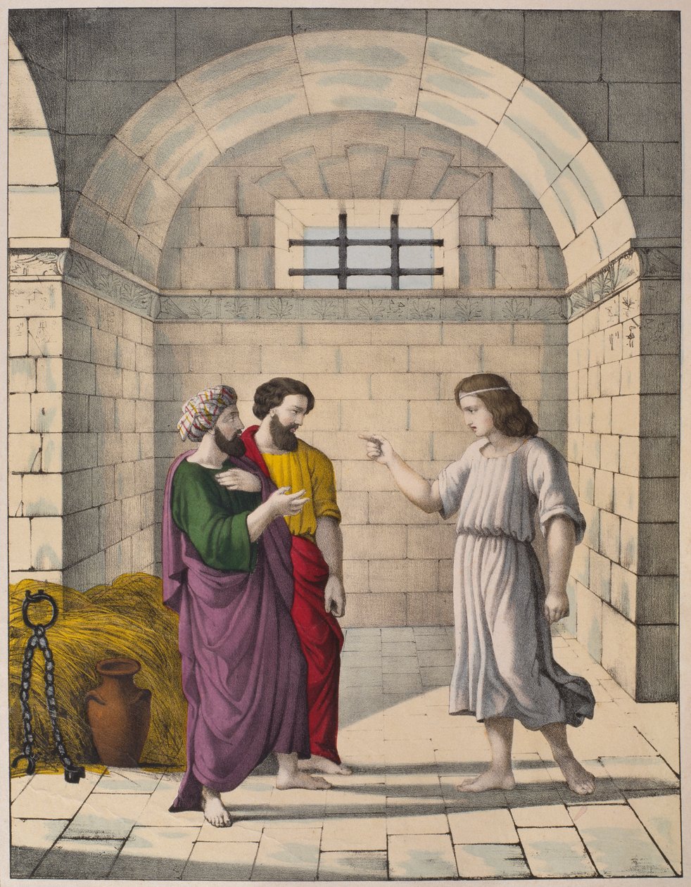 Joseph en prison expliquant les rêves du chef boulanger et du chef échanson, illustration du catéchisme L